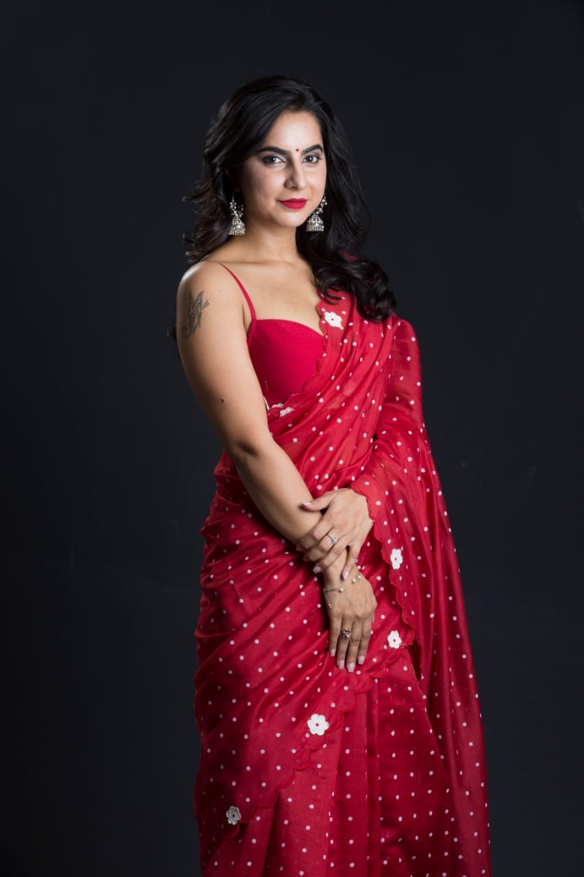 Red Hand Block Printed Polka Dot Saree in Chanderi